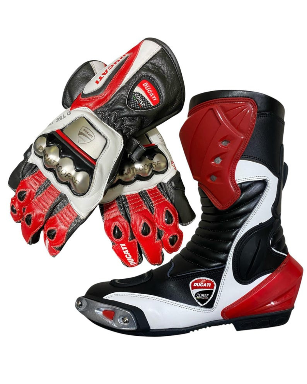Ducati C6 Red and White Leather Racing Set – Men’s Motorcycle Boots & Gloves Combo | Genuine Cowhide Leather | Ducati Corse Riding Gear